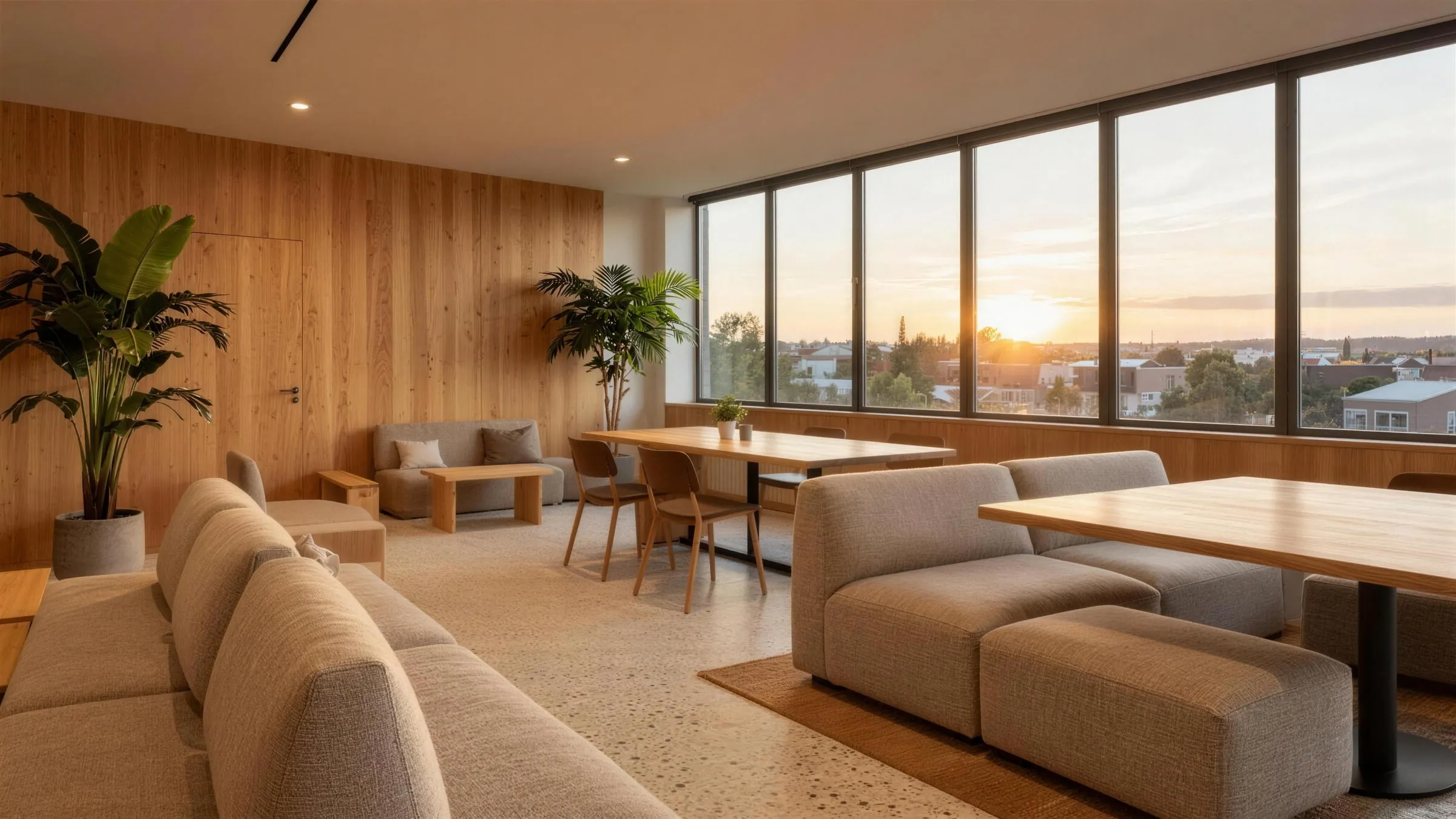 A warm communal lounge in a Köln student residence at golden hour