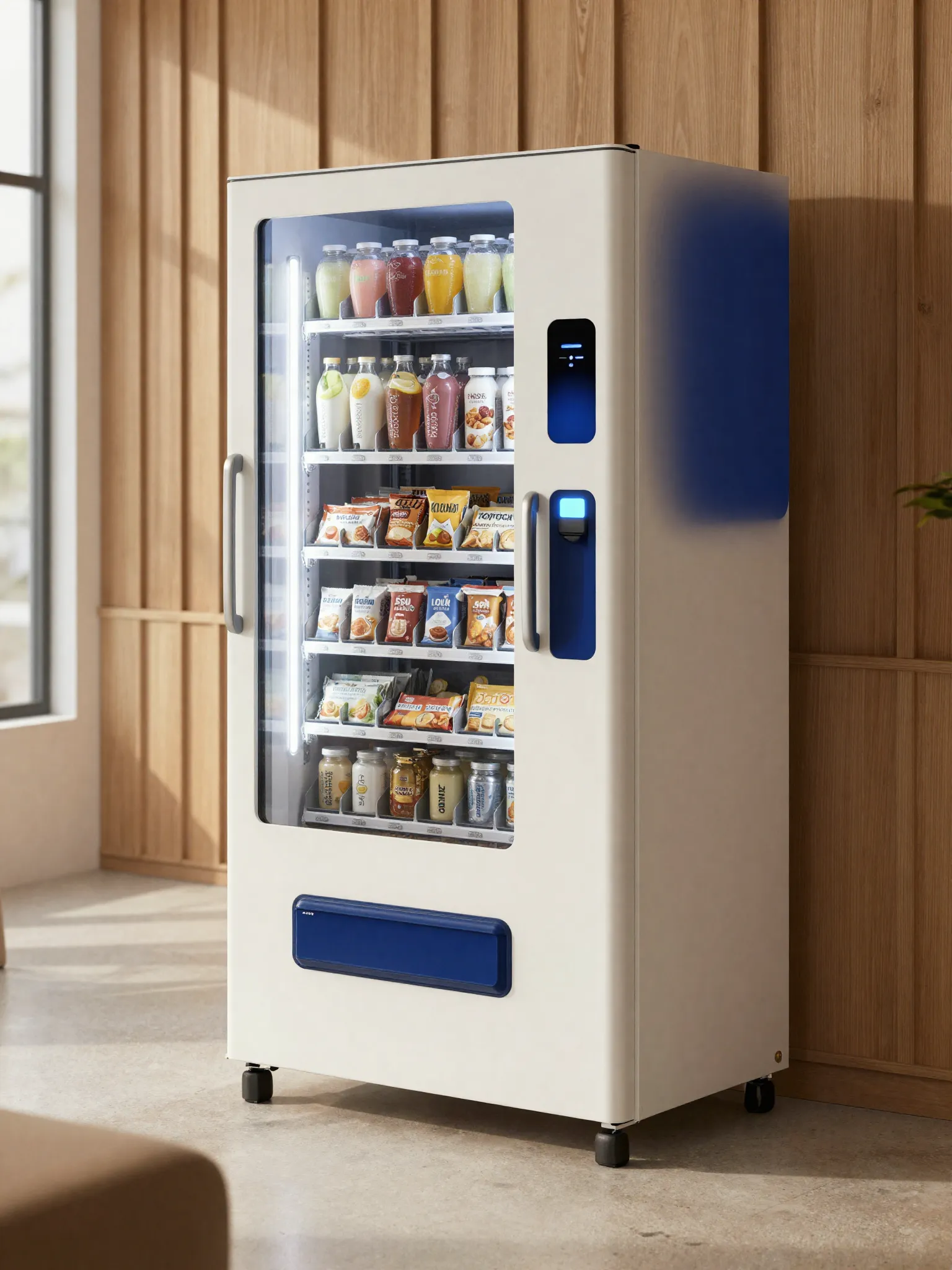 A modern Stocked cashless vending machine, stocked with drinks and snacks, in a warm Köln lounge