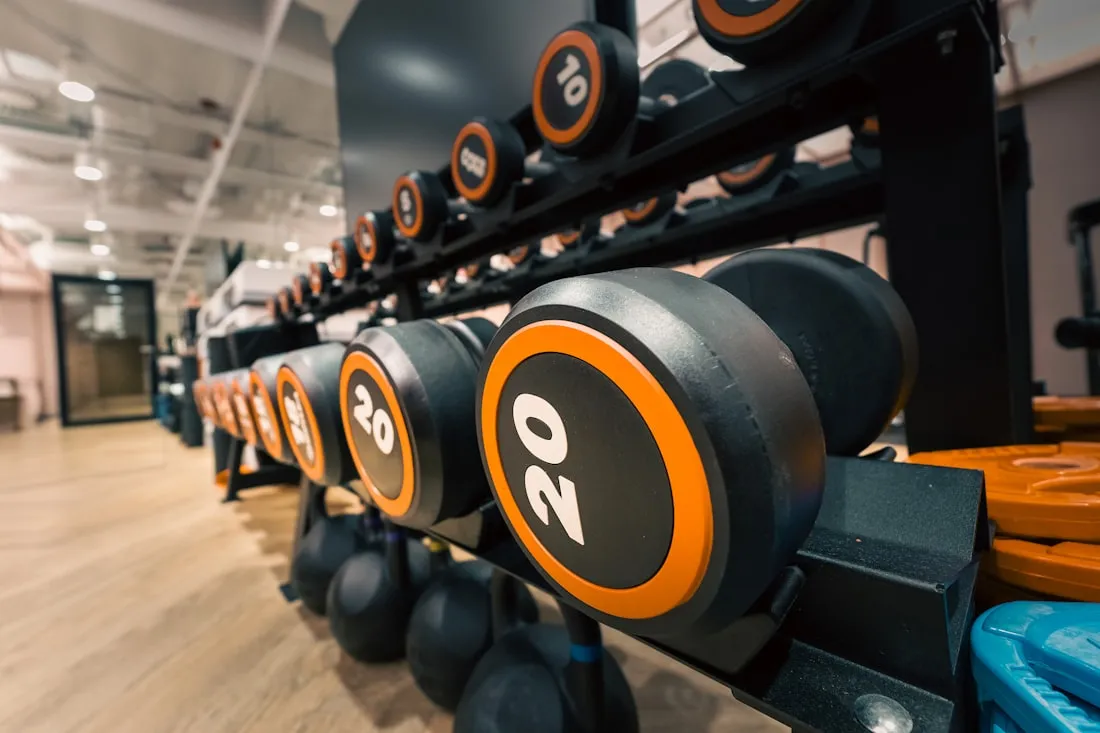 Row of dumbbells on a rack in a bright modern gym